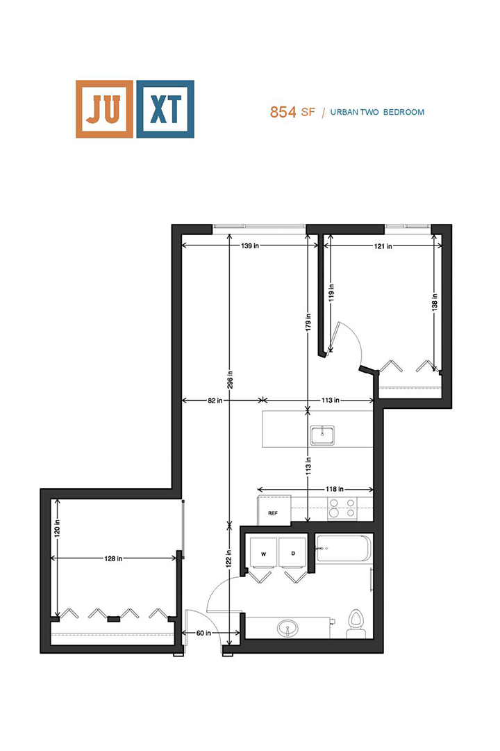 Floor plan for 2 beds, 1 bath, 870 sqft